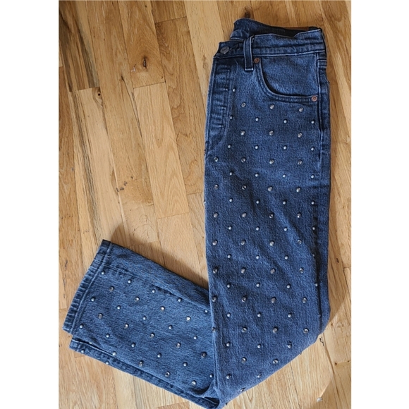 Levi's 501 Gray Studded Premium Denim Cropped Leg Jean Straight Leg Grunge Sz 25 - Picture 4 of 11